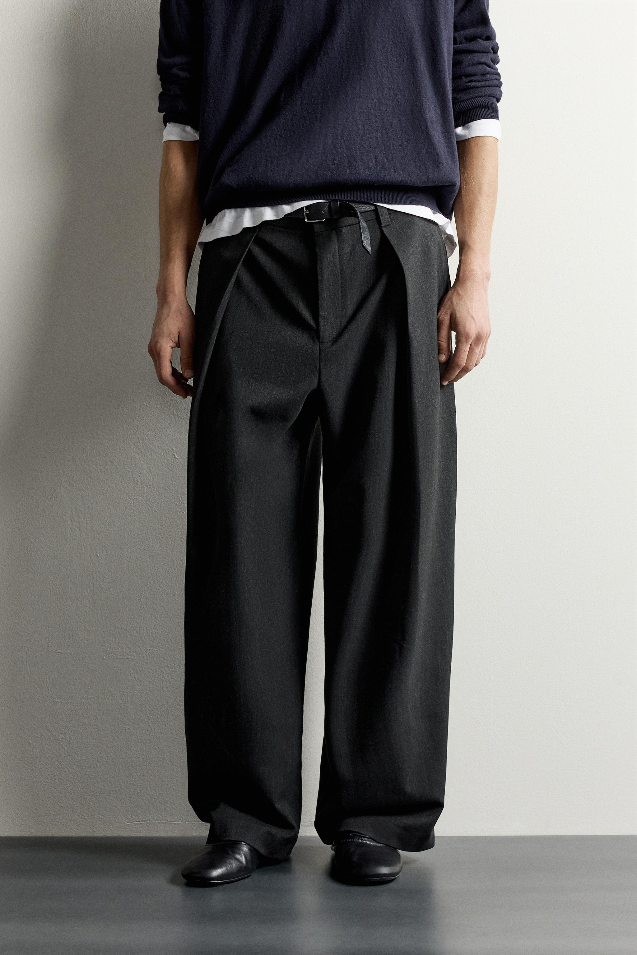 PLEATED RELAXED-FIT PANTS — Gray