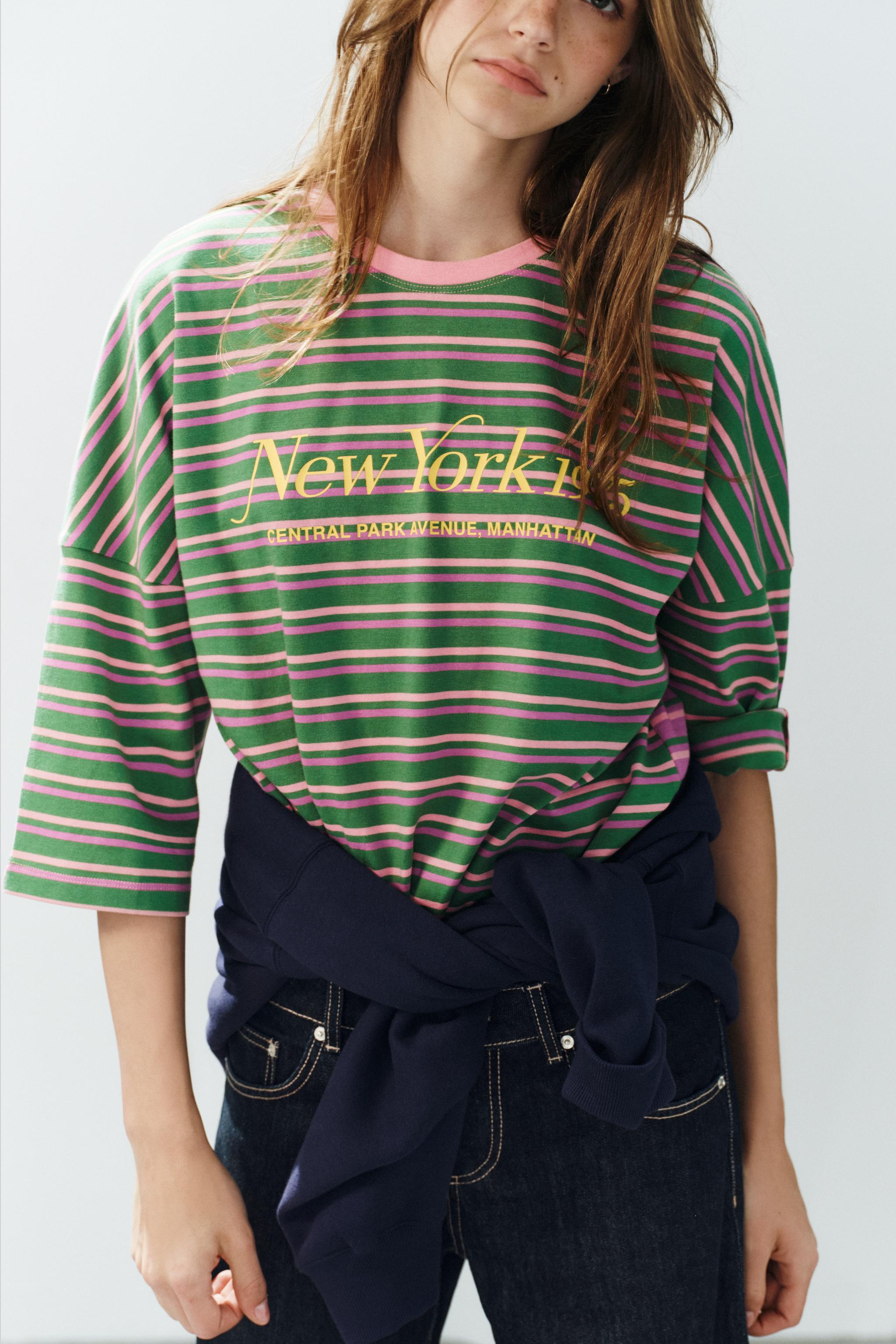 STRIPED TEXT OVERSIZE T-SHIRT — Green