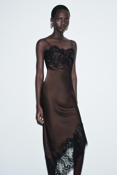 Zara ASYMMETRIC SATIN LACE DRESS ZW COLLECTION - Black / Brown
