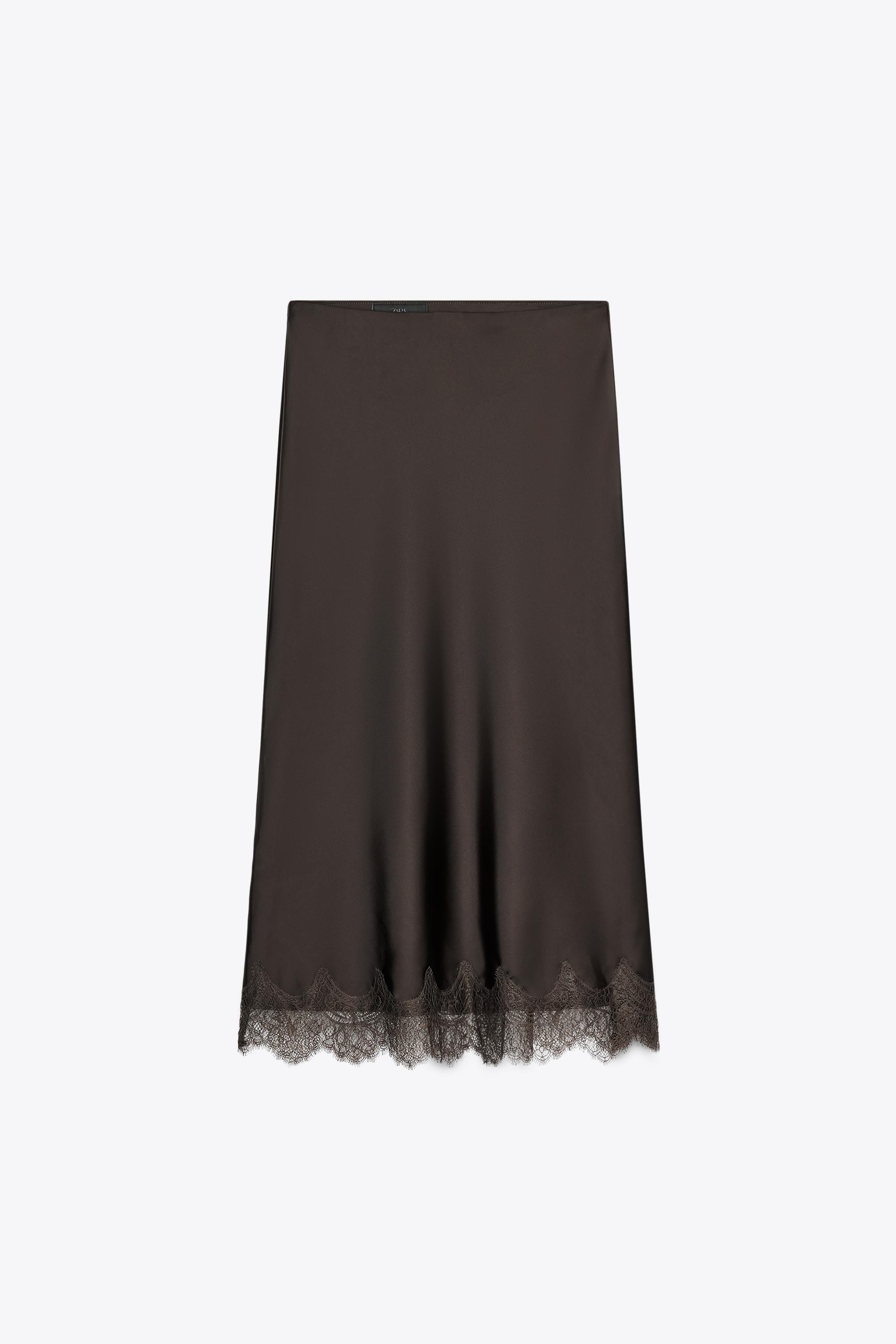 SATIN EFFECT LACE MIDI SKIRT - Mid-ecru | ZARA Canada