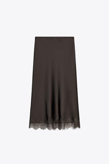 LACE SATIN MIDI SKIRT - Chocolate brown by Zara - Image 0