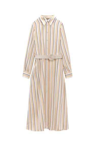 STRIPED BELTED SHIRT DRESS