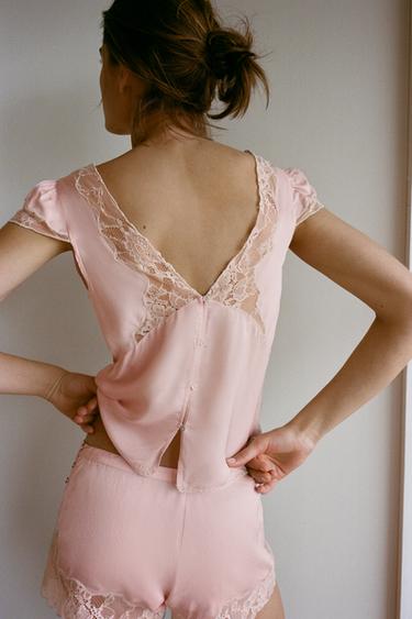 SATIN TOP WITH EMBROIDERED LACE - Pastel pink by Zara - Image 2