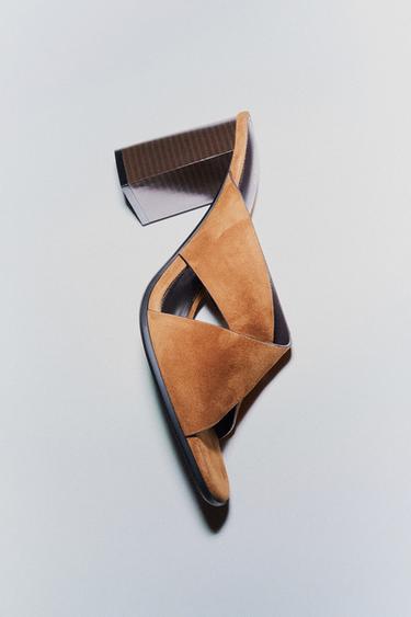 Zara SPLIT LEATHER WIDE HEELED SANDALS - Brown