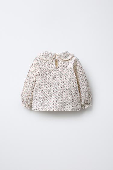FLORAL T-SHIRT WITH PETER PAN COLLAR - Ecru / Red by Zara - Image 1