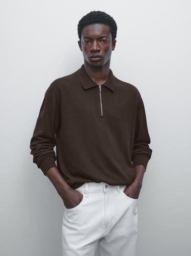 Pull polo maille fermeture Éclair - Marron de Zara