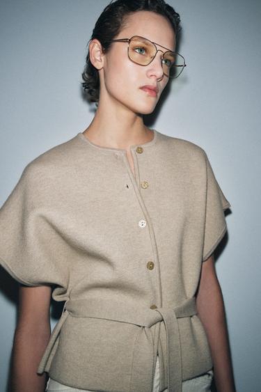 CARDIGAN WITH BELT AND SHORT SLEEVES - Taupe grey by Zara