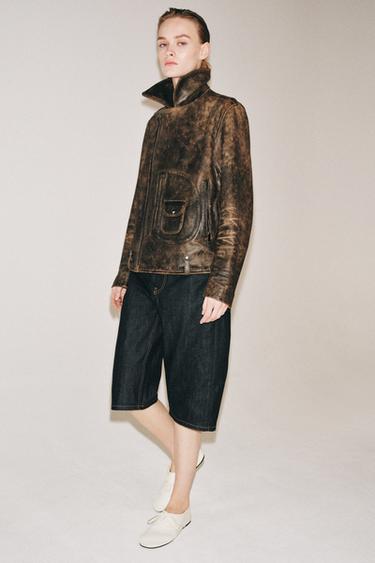 100% LEATHER BIKER JACKET ZW COLLECTION LIMITED EDITION - Brown by Zara - Image 1