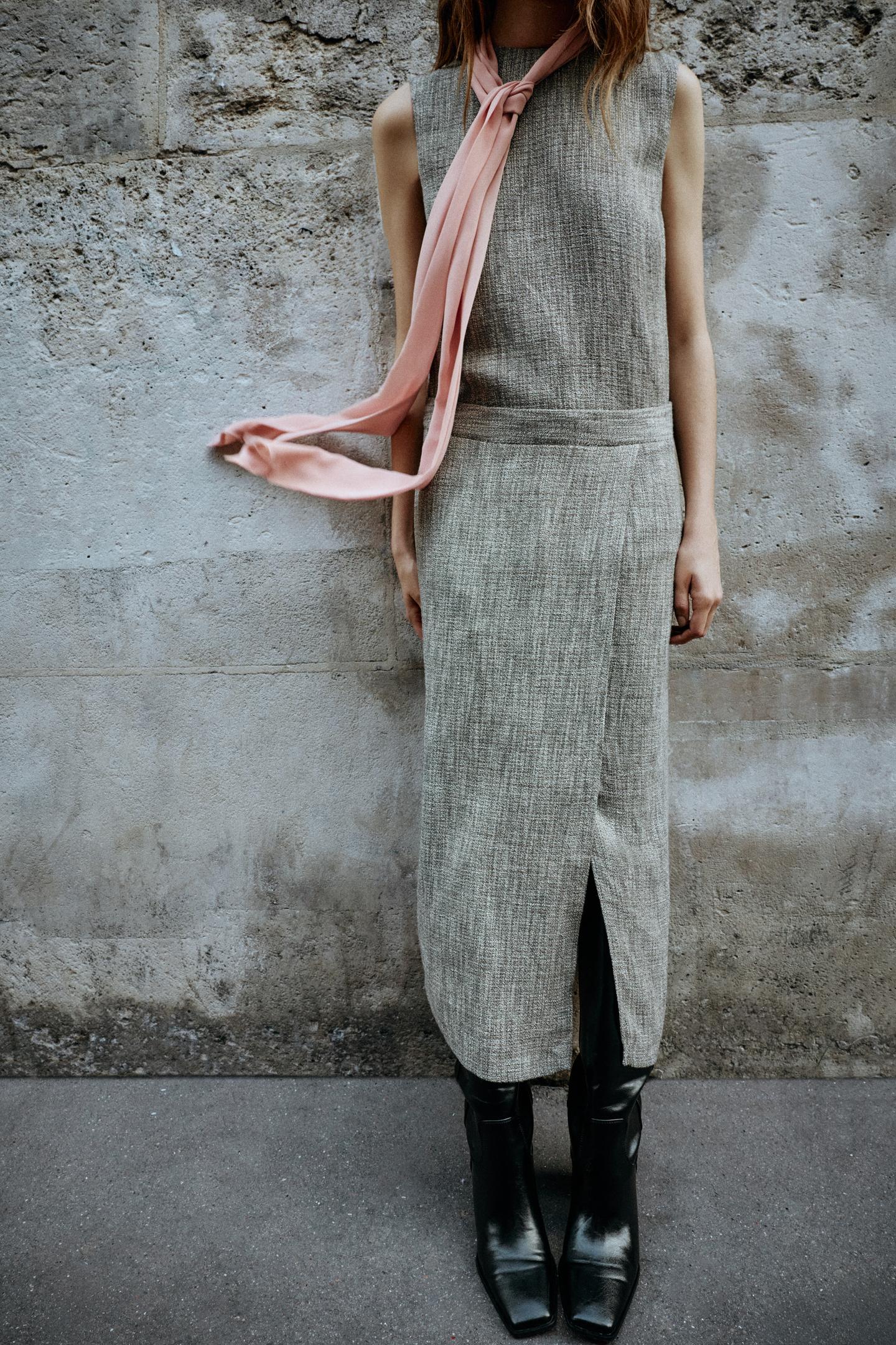 Женское платье Zara Contrasting Tie MIDI, цвет: Серый меланжевый — фото 5