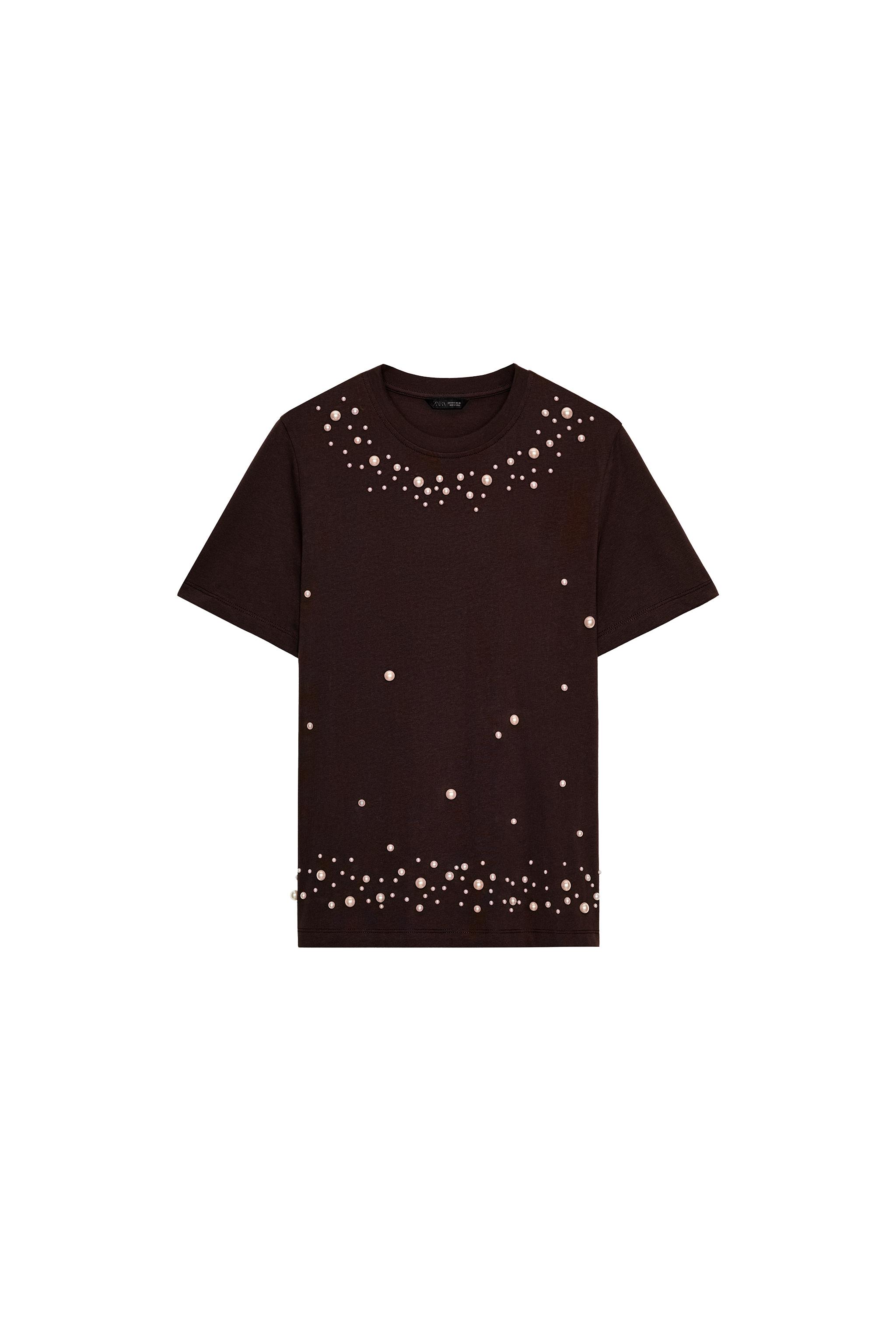 SHORT SLEEVE FAUX PEARL T-SHIRT - Brown | ZARA South Africa