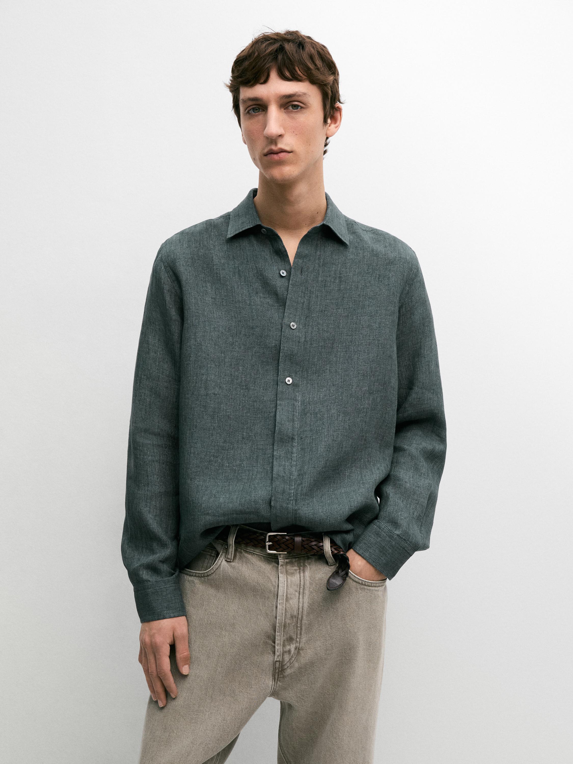Regular fit linen shirt with placket — Blue