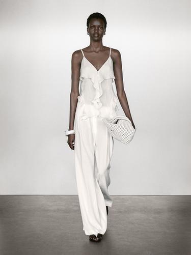 Pantalón palazzo pinzas con lino - Blanco roto de Zara - Imagen 0