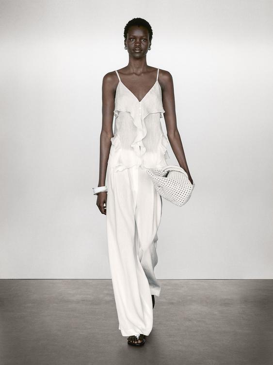 Linen blend darted palazzo trousers