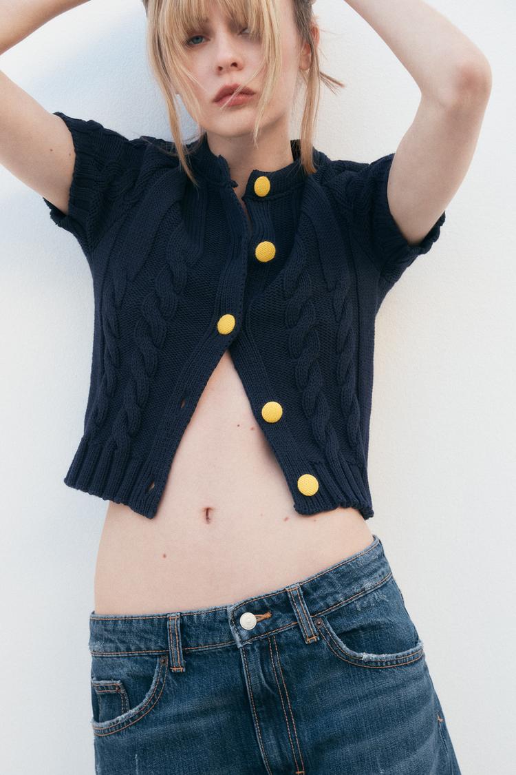 Navy Cardigan Cable Knit Cardigan Cropped CONTRAST BUTTON KNIT