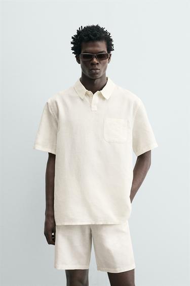 REGULAR FIT HEMP/COTTON POLO SHIRT - White by Zara - Image 1