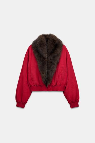 FAUX FUR COLLAR BOMBER JACKET — Red 1