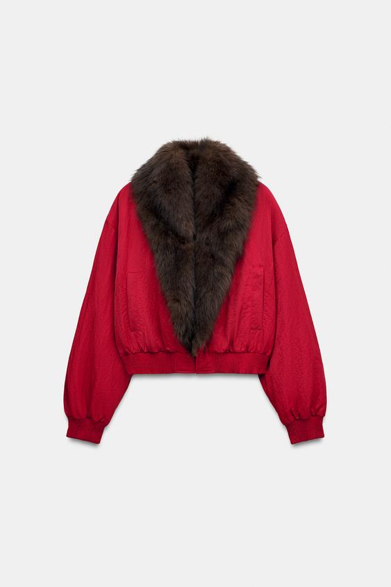 FAUX FUR COLLAR BOMBER JACKET - Red by Zara - Image 0