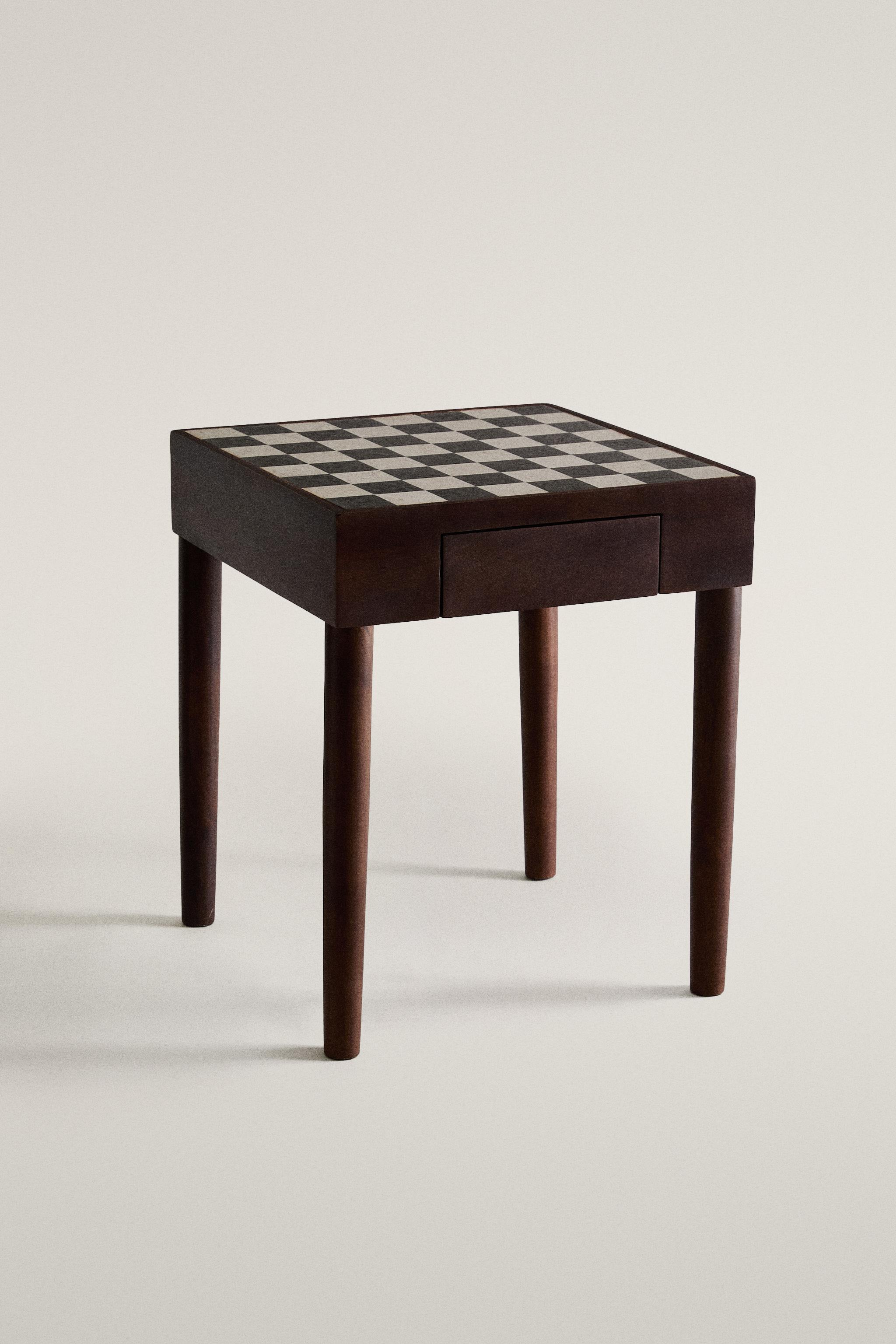 TEAK SIDE TABLE WITH MARBLE CHESS TOP