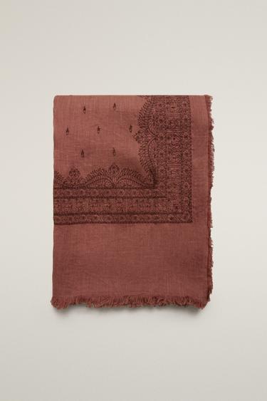 EMBROIDERED LINEN AND COTTON BLANKET — Dark pink 1