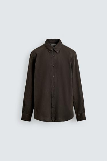 100% LINEN REGULAR FIT SHIRT - Chocolate by Zara