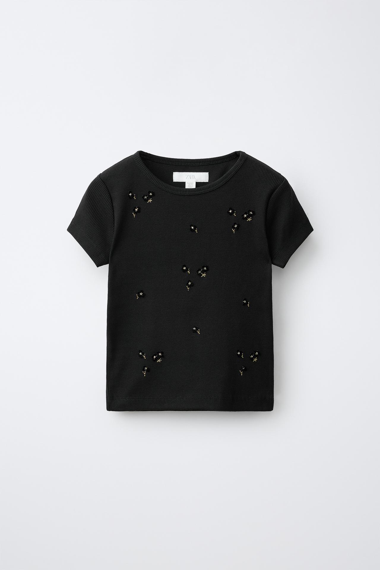 BEADED EMBROIDERED RIB T-SHIRT — Black