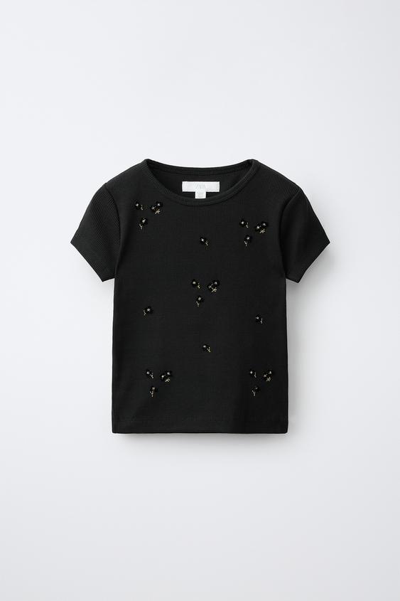 BEADED EMBROIDERED RIB T-SHIRT - Black by Zara - Image 0