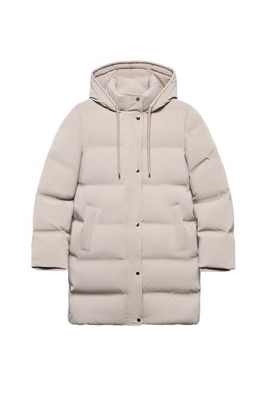 Front view of a semi-long brown anorak with a hood, zip and button fastening, front pockets, and long sleeves.
