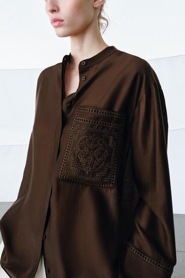 CAMISA BOLSILLO BORDADOS ZW COLLECTION - Marrón de Zara