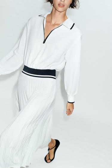 PLEATED CONTRAST MIDI DRESS - White by Zara - Image 6