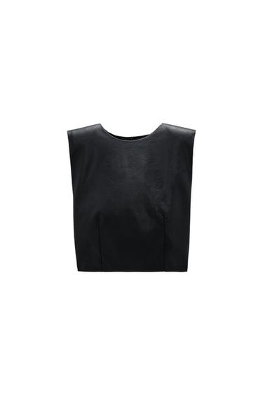 FAUX LEATHER TOP WITH SHOULDER PADS