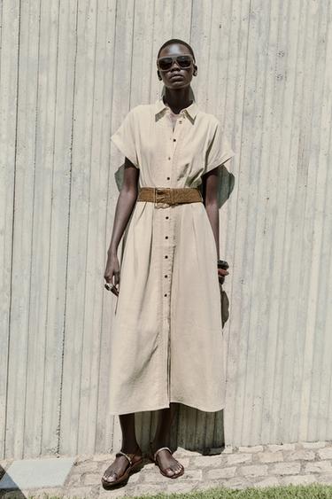 VESTIDO MIDI CINTURÓN CON LINO - Beige claro de Zara