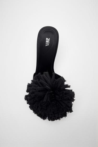 Zara MAXI POMPOM SLINGBACK SANDALS - Black