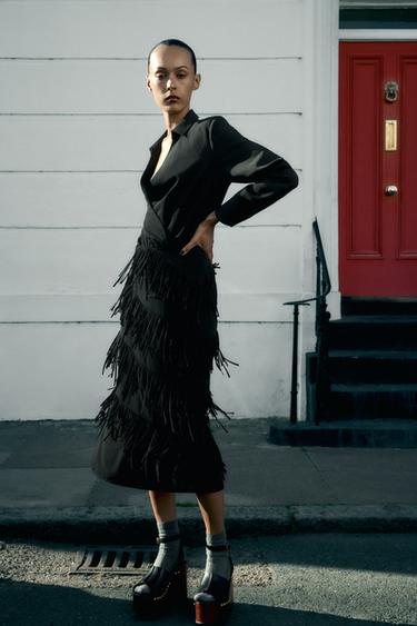 VESTIDO COMBINADO COM FRANJAS ZW COLLECTION - Preto da Zara