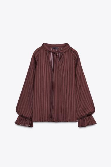 STRIPED BLOUSE WITH BOW - Brick by Zara