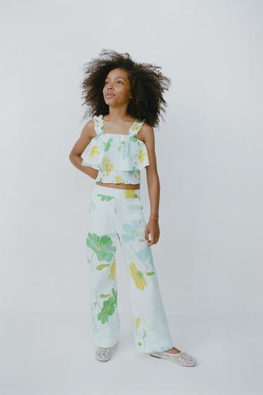 STRAIGHT-LEG FLORAL PRINT TROUSERS - Green by Zara
