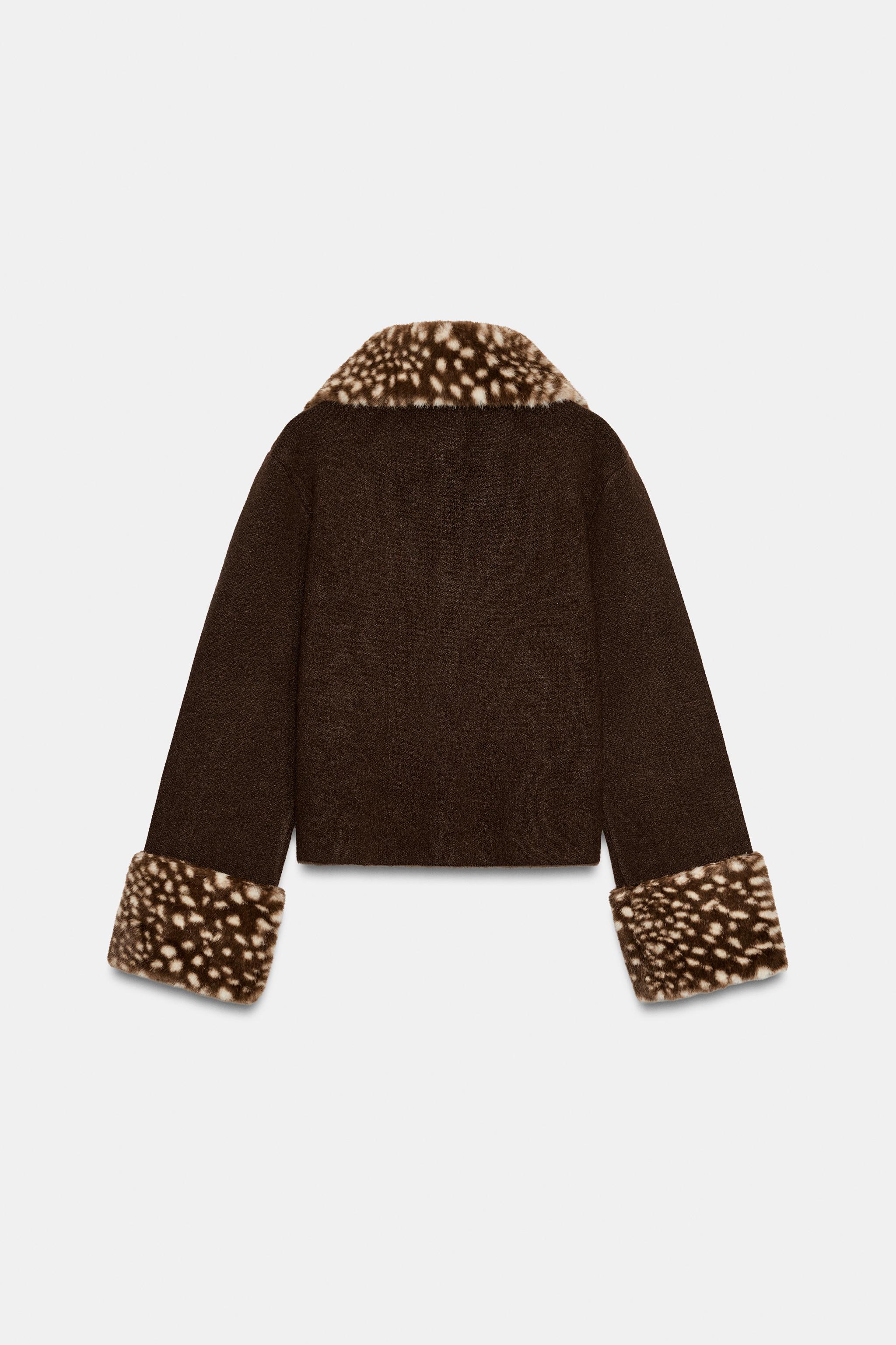 フェイクファーディテールニットジャケット - ブラウン | ZARA Japan
