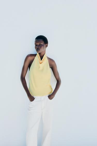 Zara SATIN HALTER TOP - Light yellow