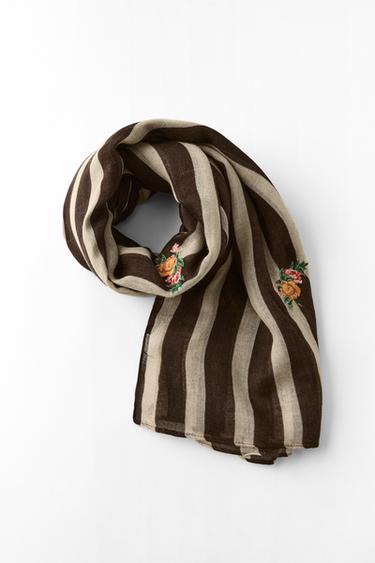 FOULARD EN LIN À RAYURES ET BRODERIES FLORALES - brun de Zara