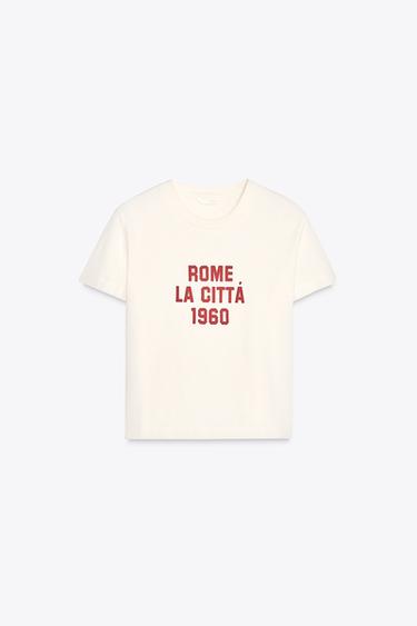 Zaras URTVÄTTAD T-SHIRT MED TEXT - Naturfärg medel