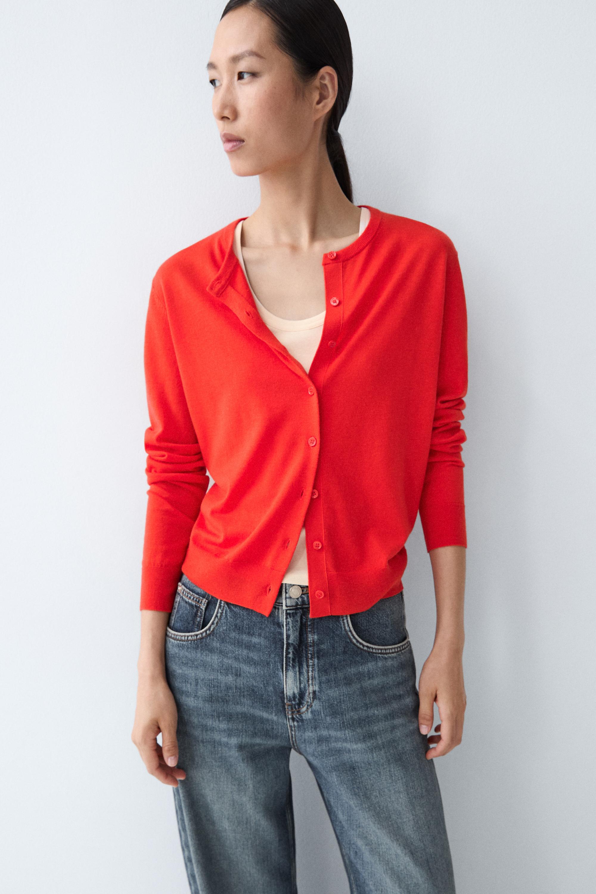 Fine-knit round neck cardigan — Neon pink