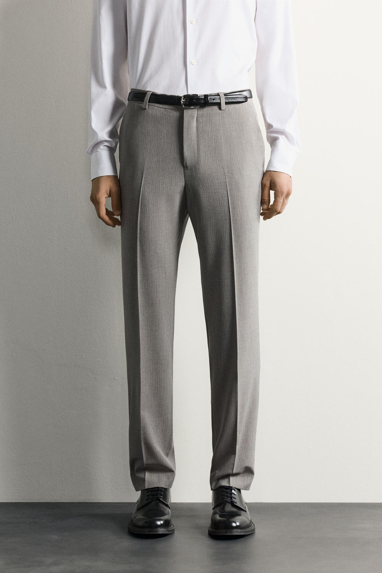 STRIPED REGULAR FIT SUIT PANTS — Gray marl