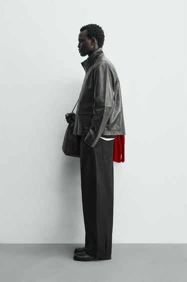 BLOUSON EN CUIR À POCHES - Vert foncé de Zara - Image 3