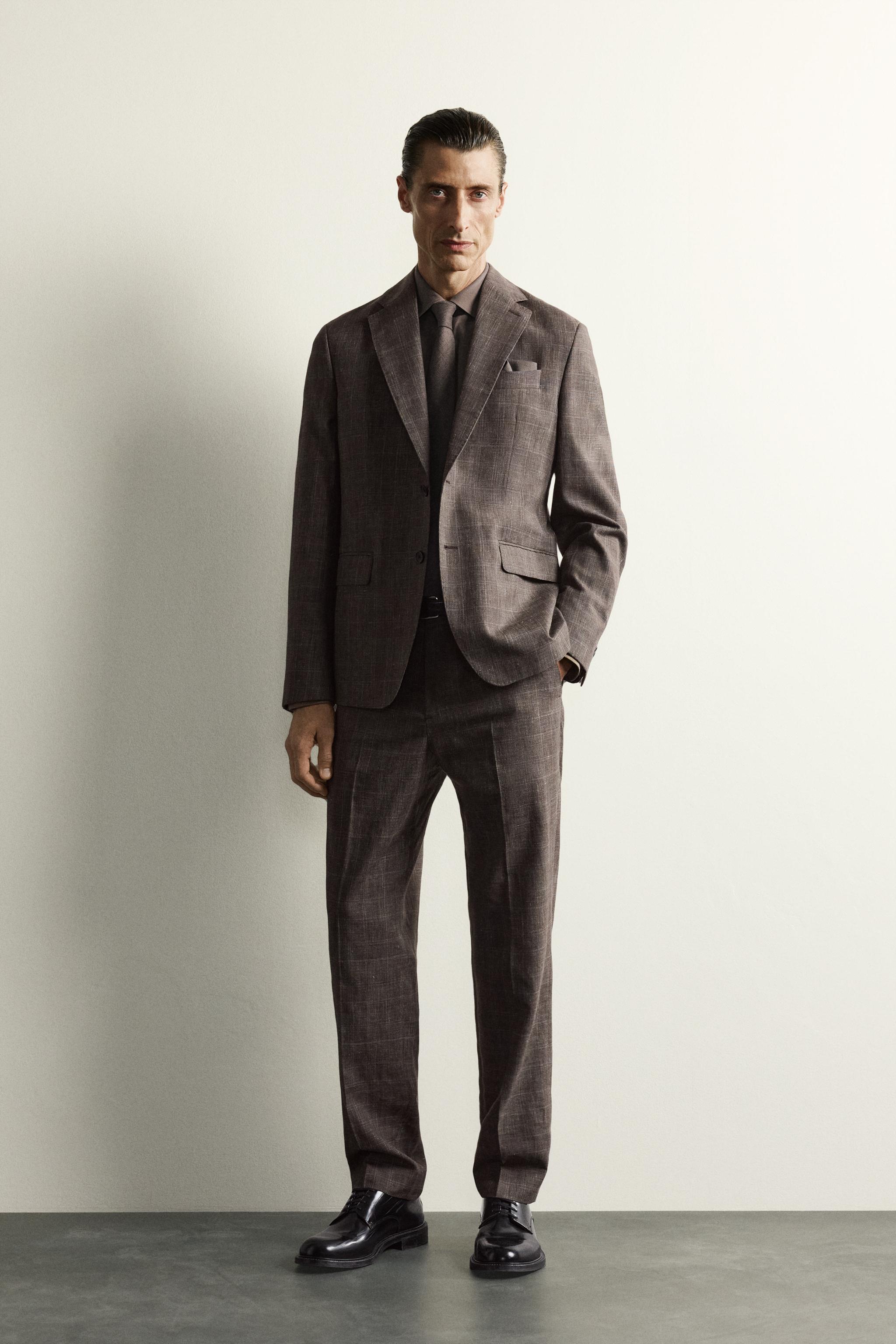 LINEN AND WOOL CHECK SUIT PANTS