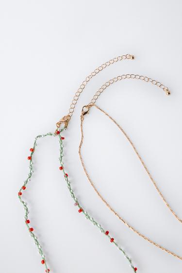 PACK OF TWO BEADED NECKLACES WITH CHERRIES - Green by Zara - Image 1