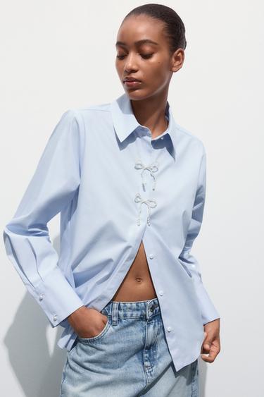 Zara PEARL POPLIN SHIRT - Light blue