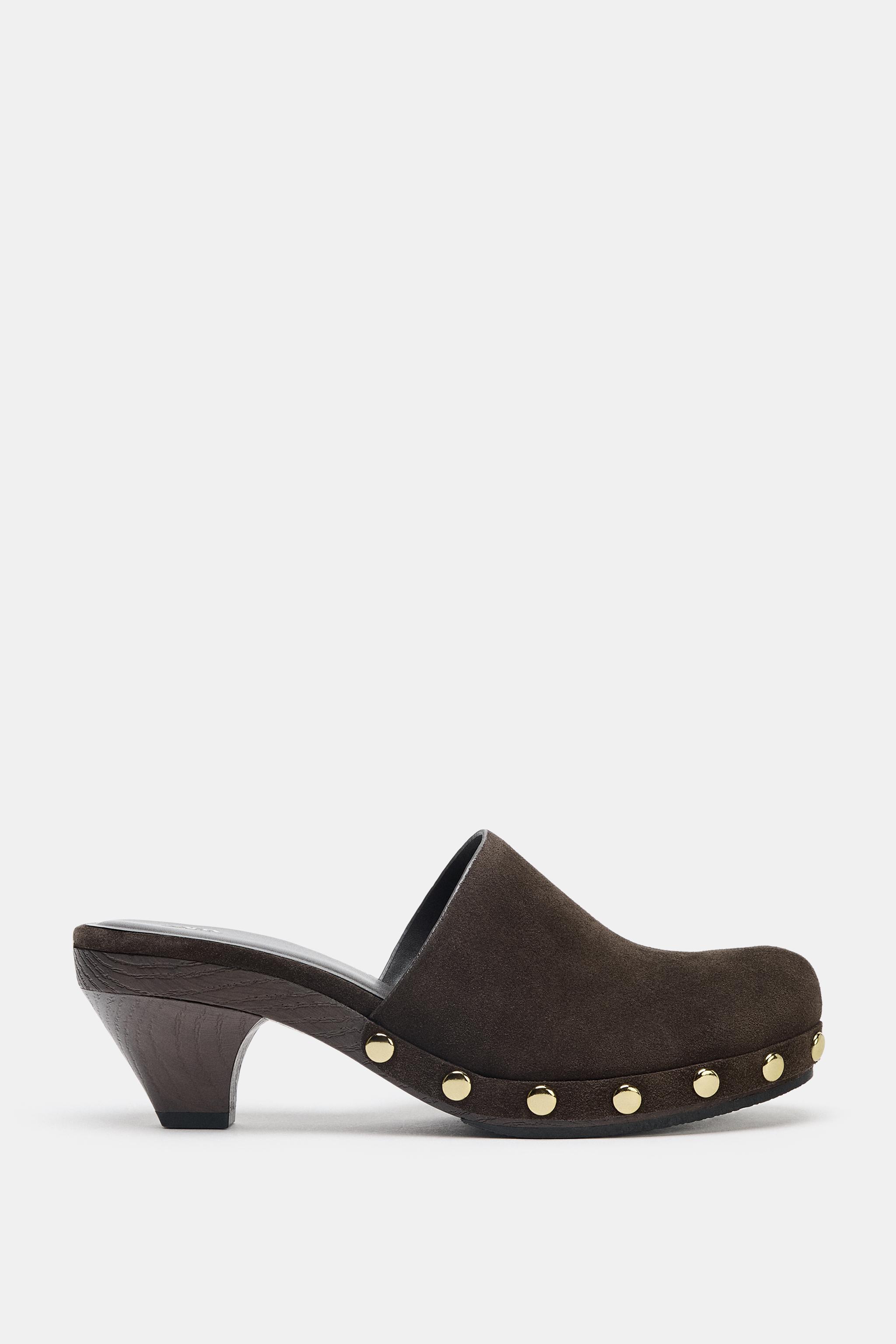 ラッコ SPLIT LEATHER STUDDED KITTEN CLOGS - Brown | ZARA United States