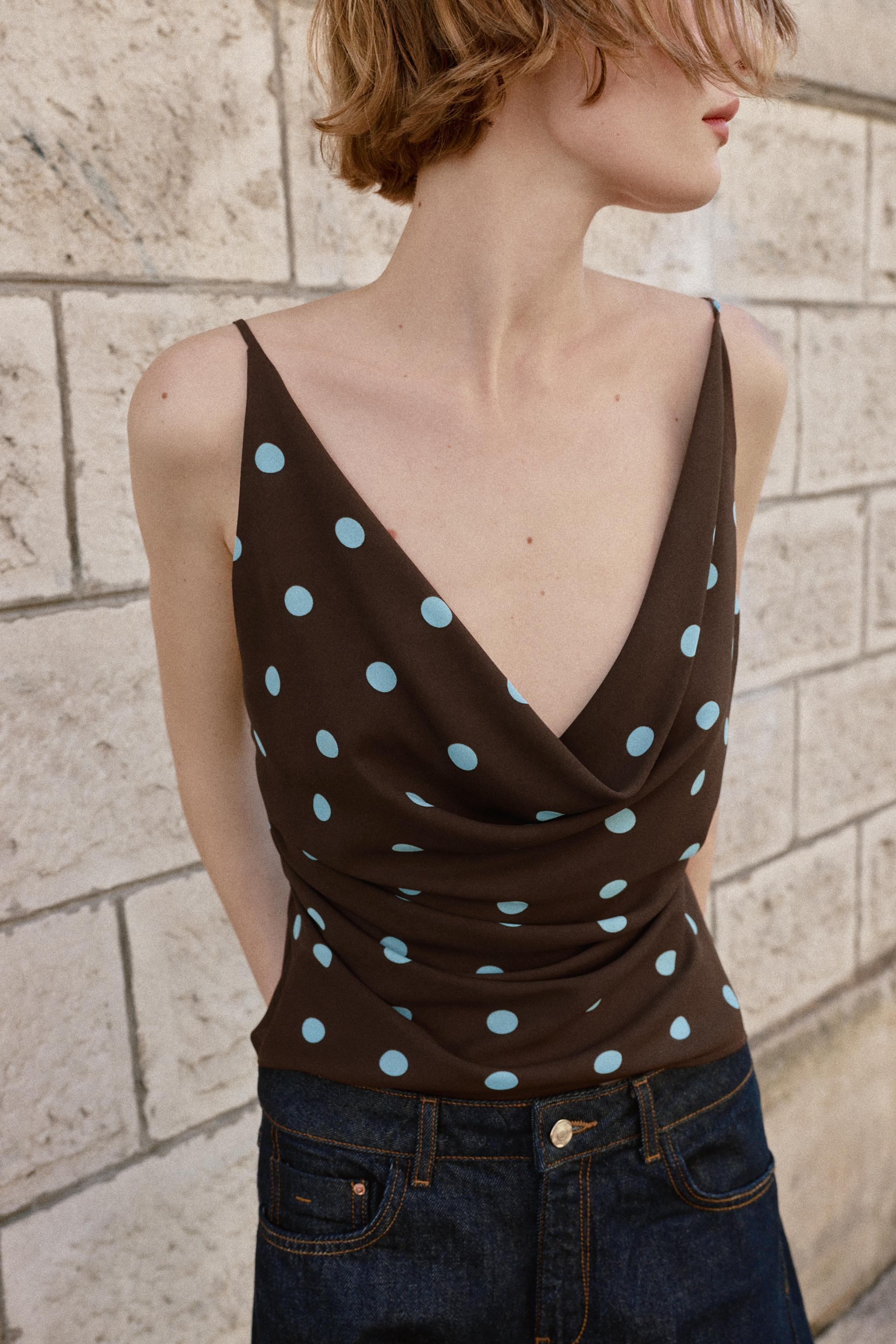 FLOWY POLKA DOT TOP - Brown-Blue | ZARA United States