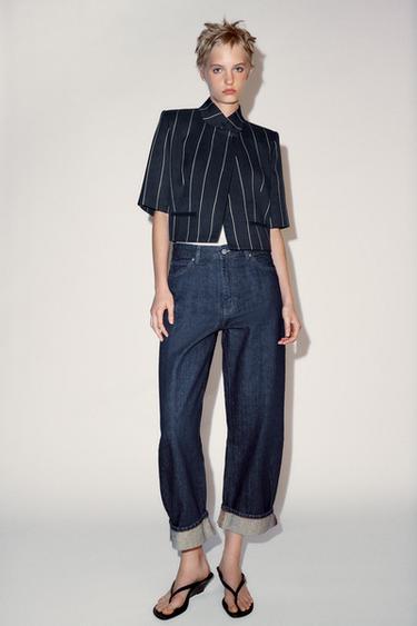 Zara ZW COLLECTION MID-RISE CUFFED BALLOON JEANS - Blue