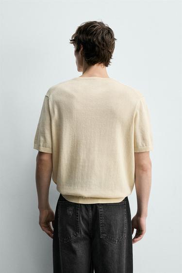 KNITTED COTTON-LINEN HENLEY T-SHIRT - Ecru by Zara - Image 2