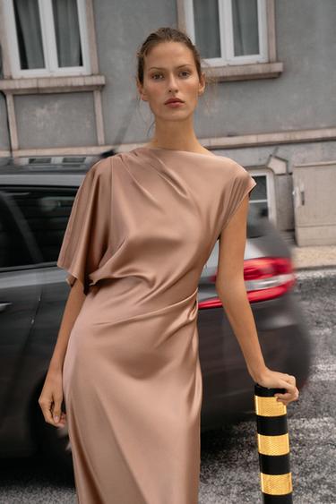 SATIN ASYMMETRIC SLEEVE MIDI DRESS - Mid-camel by Zara - Image 1